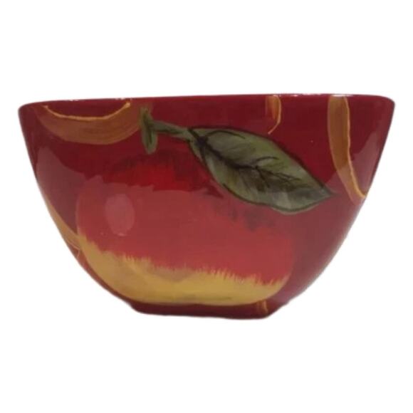Set of 4 Red Hand-Painted Square Bowls – Grapes Apples Geometric Soup Cereal - Picture 7 of 8